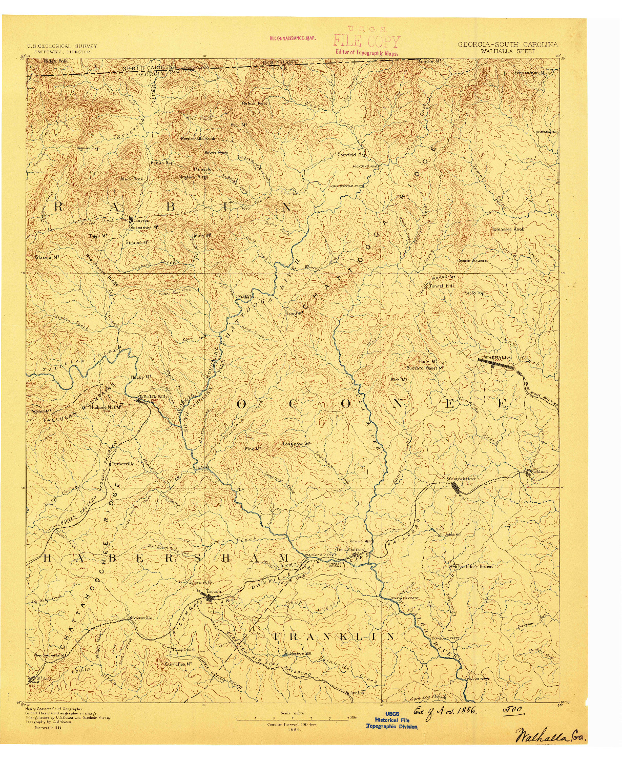 USGS 1:125000-SCALE QUADRANGLE FOR WALHALLA, GA 1886