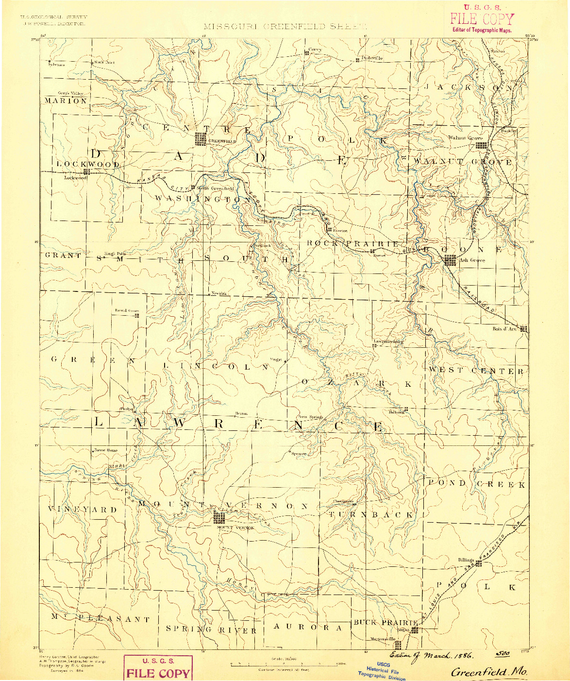 USGS 1:125000-SCALE QUADRANGLE FOR GREENFIELD, MO 1886