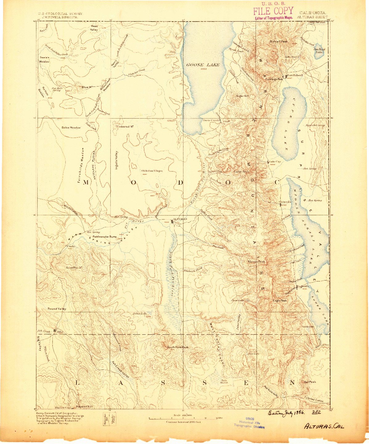 USGS 1:250000-SCALE QUADRANGLE FOR ALTURAS, CA 1886