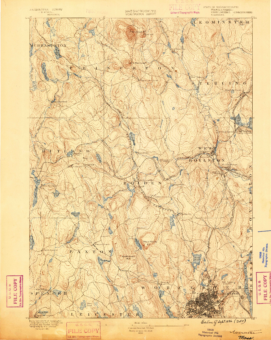 USGS 1:62500-SCALE QUADRANGLE FOR WORCESTER, MA 1886