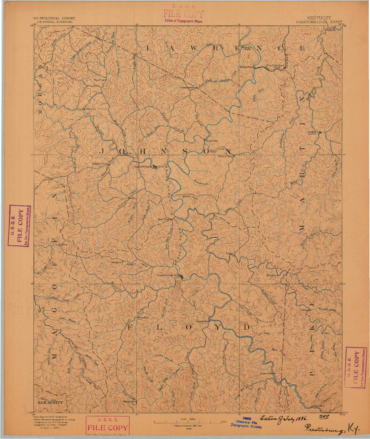 USGS 1:125000-SCALE QUADRANGLE FOR PRESTONSBURG, KY 1886