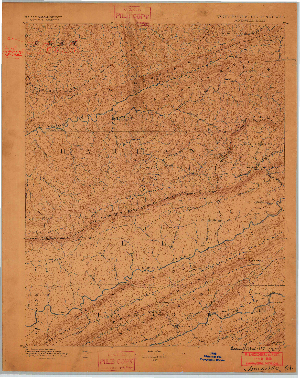 USGS 1:125000-SCALE QUADRANGLE FOR JONESVILLE, KY 1887