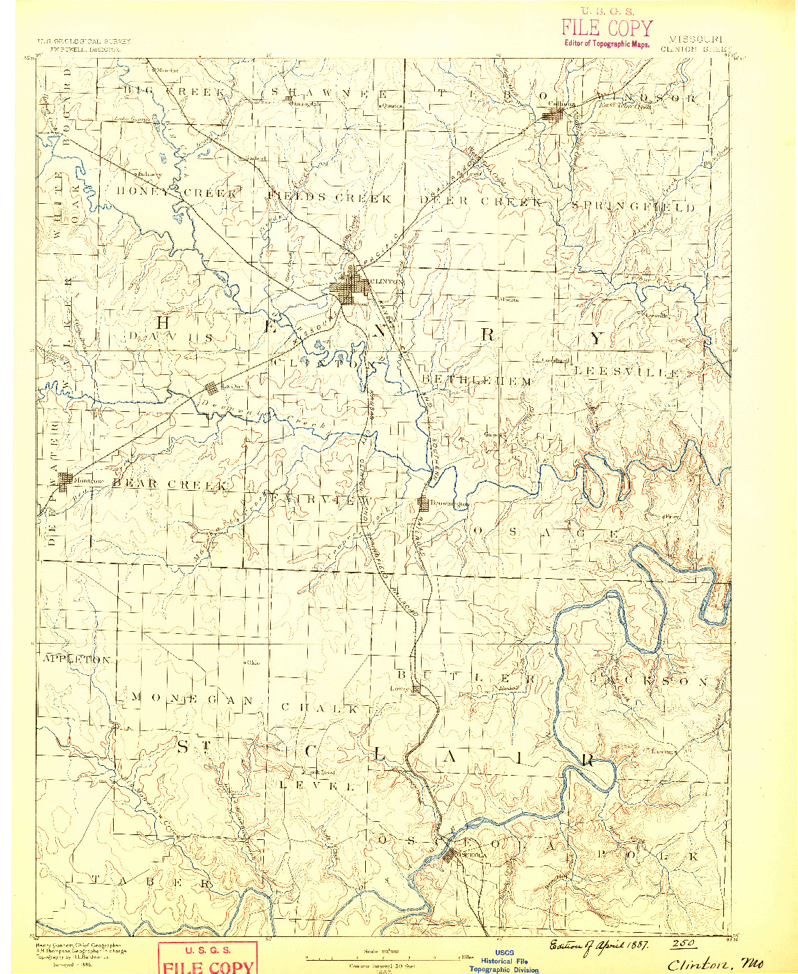 USGS 1:125000-SCALE QUADRANGLE FOR CLINTON, MO 1887