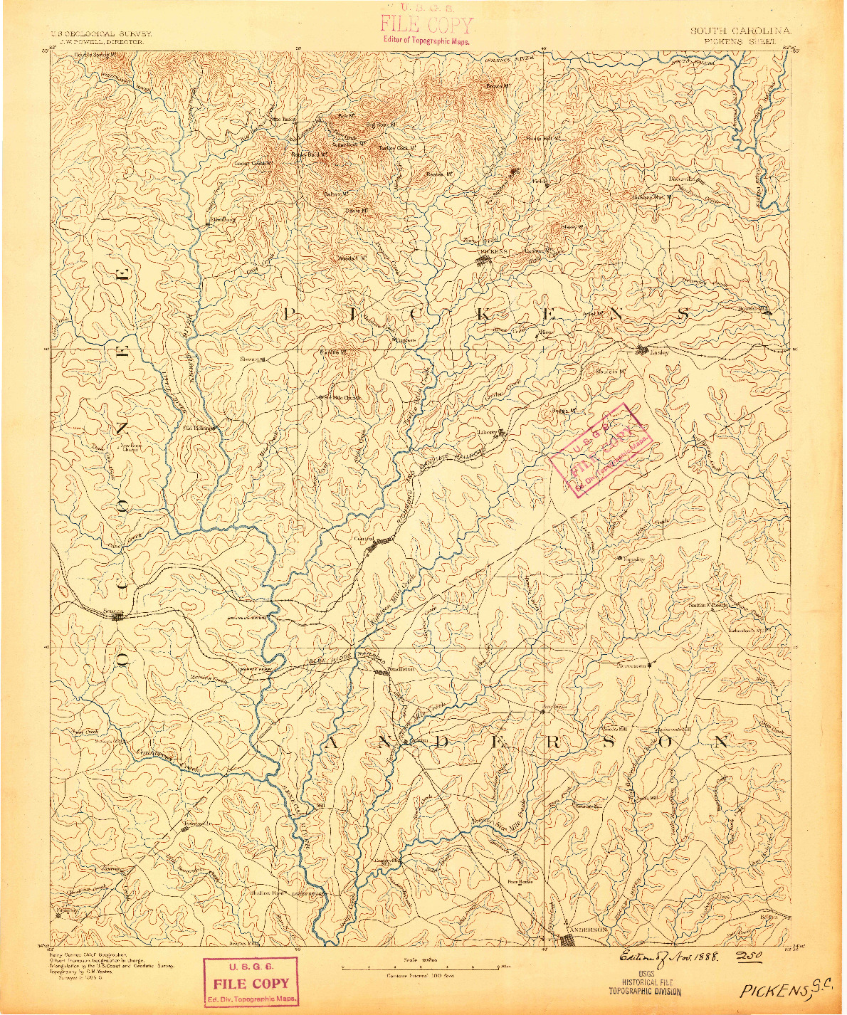 USGS 1:125000-SCALE QUADRANGLE FOR PICKENS, SC 1888