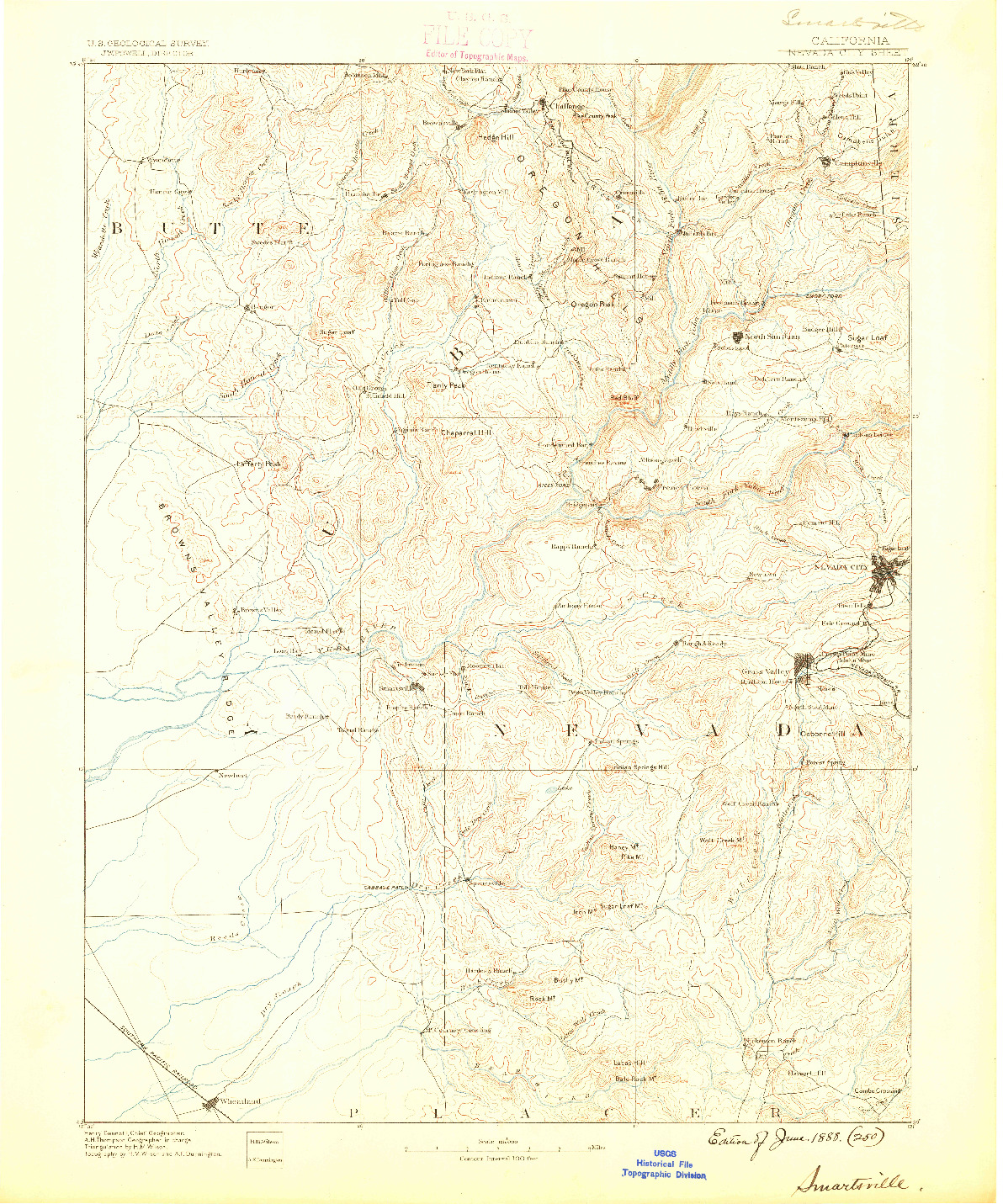 USGS 1:125000-SCALE QUADRANGLE FOR SMARTSVILLE, CA 1888