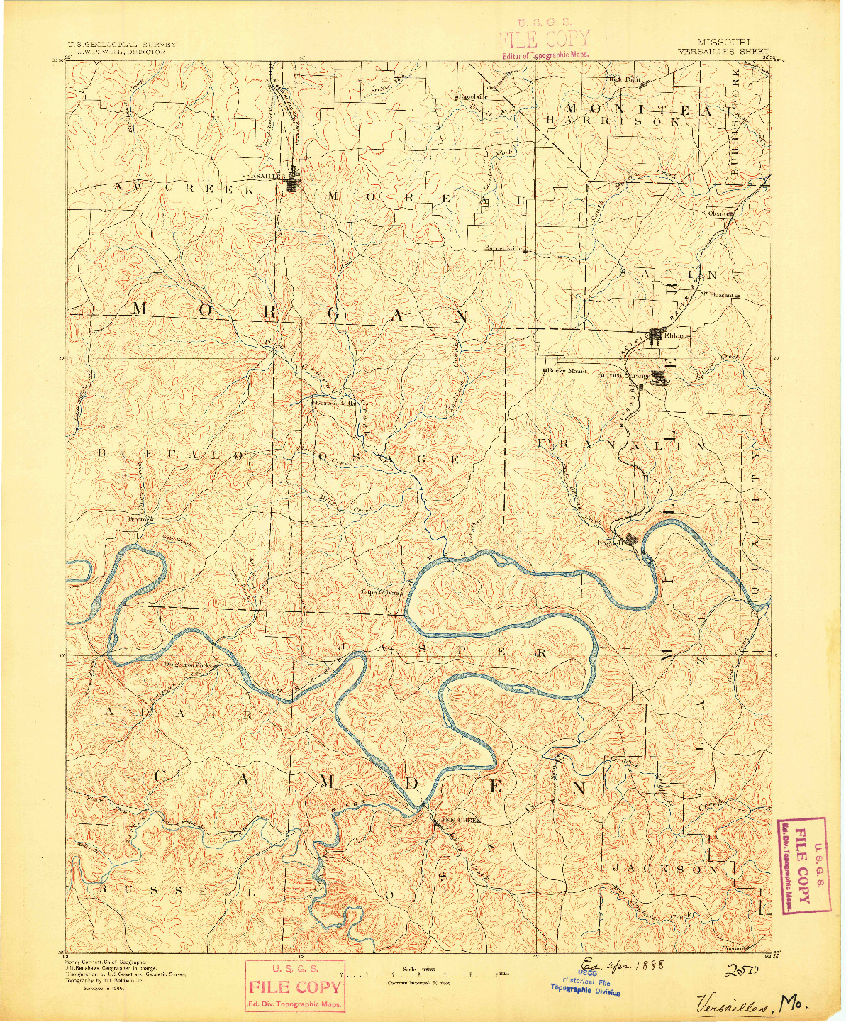 USGS 1:125000-SCALE QUADRANGLE FOR VERSAILLES, MO 1888