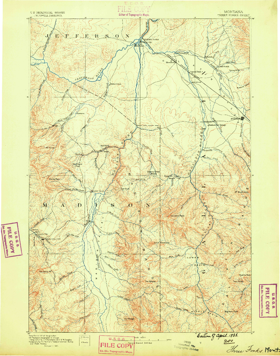 USGS 1:250000-SCALE QUADRANGLE FOR THREE FORKS, MT 1888