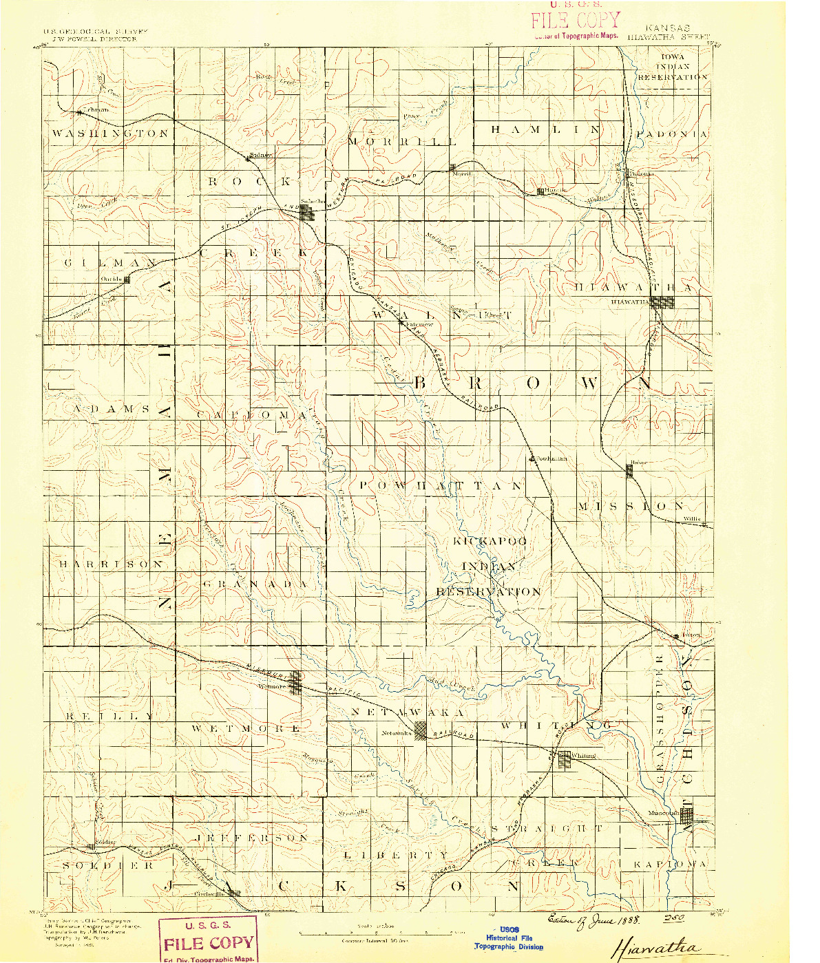 USGS 1:125000-SCALE QUADRANGLE FOR HIAWATHA, KS 1888