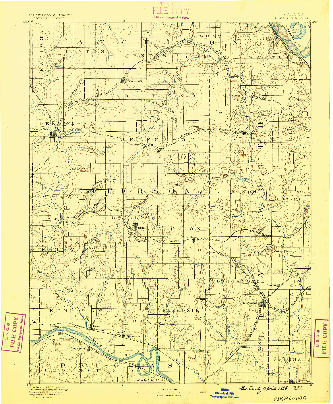 USGS 1:125000-SCALE QUADRANGLE FOR OSKALOOSA, KS 1888
