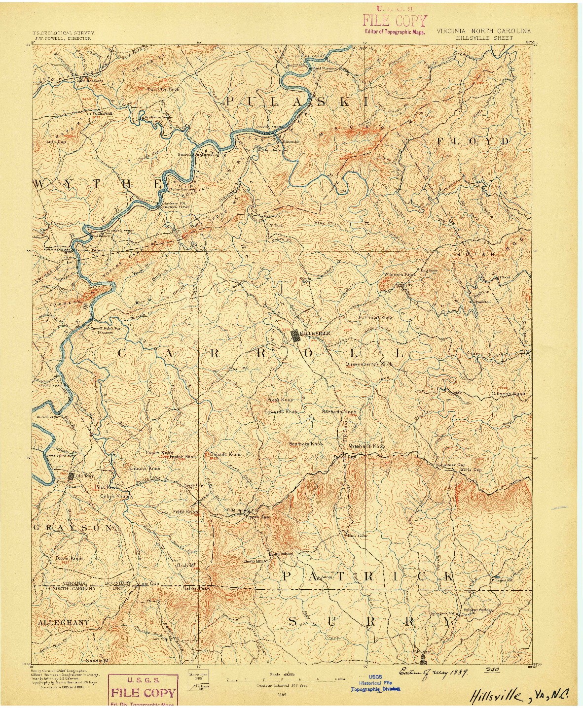 USGS 1:125000-SCALE QUADRANGLE FOR HILLSVILLE, VA 1889