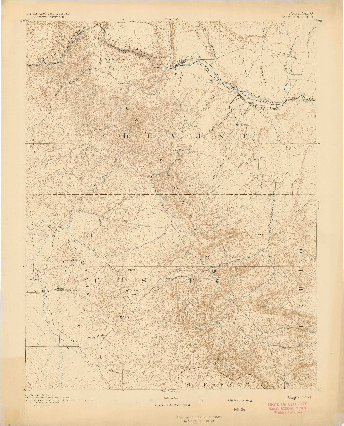 USGS 1:125000-SCALE QUADRANGLE FOR CANON CITY, CO 1889