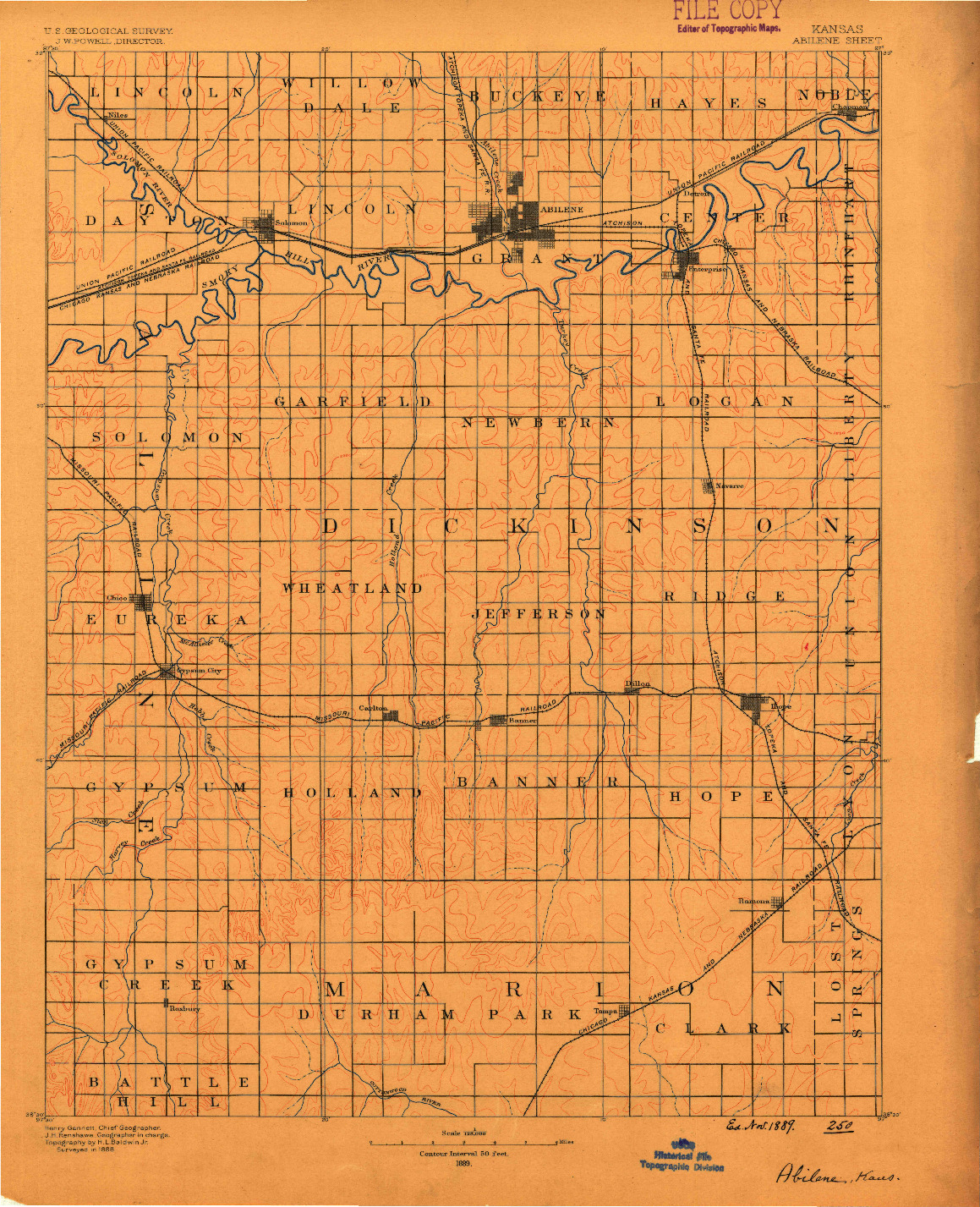 USGS 1:125000-SCALE QUADRANGLE FOR ABILENE, KS 1889