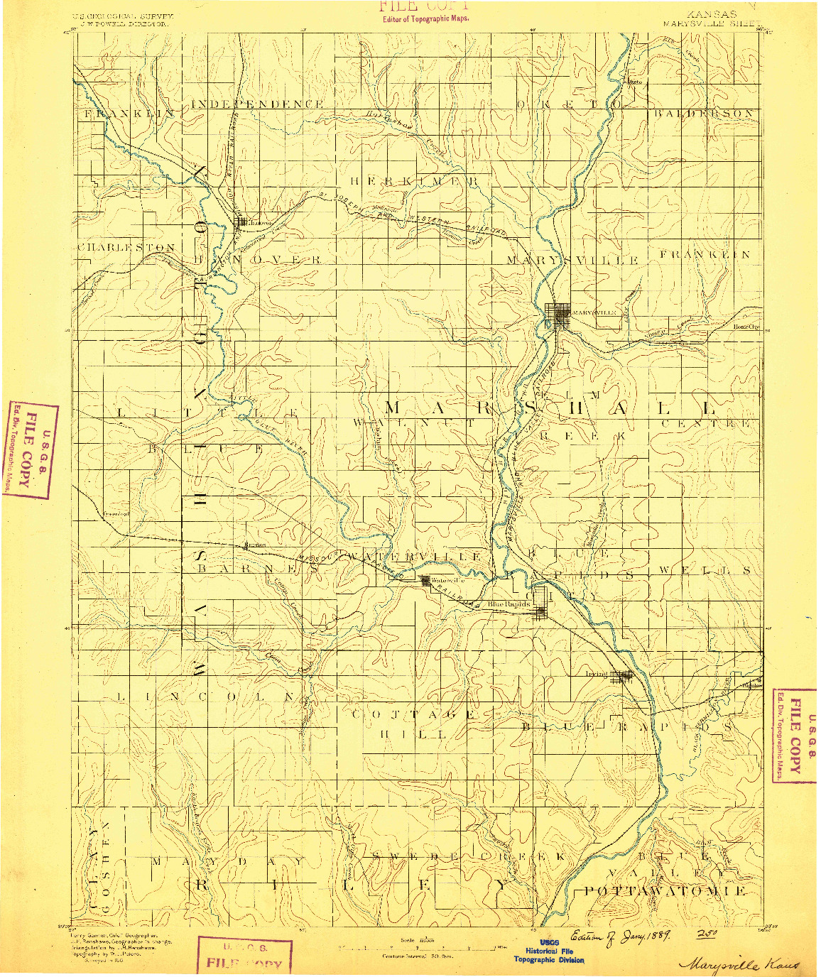 USGS 1:125000-SCALE QUADRANGLE FOR MARYSVILLE, KS 1889