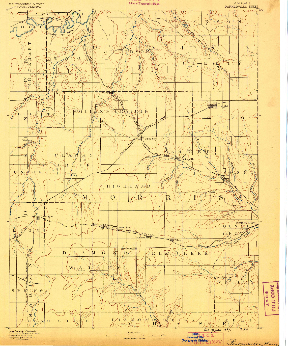 USGS 1:125000-SCALE QUADRANGLE FOR PARKERVILLE, KS 1889