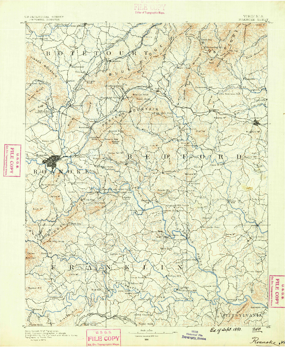 USGS 1:125000-SCALE QUADRANGLE FOR ROANOKE, VA 1890
