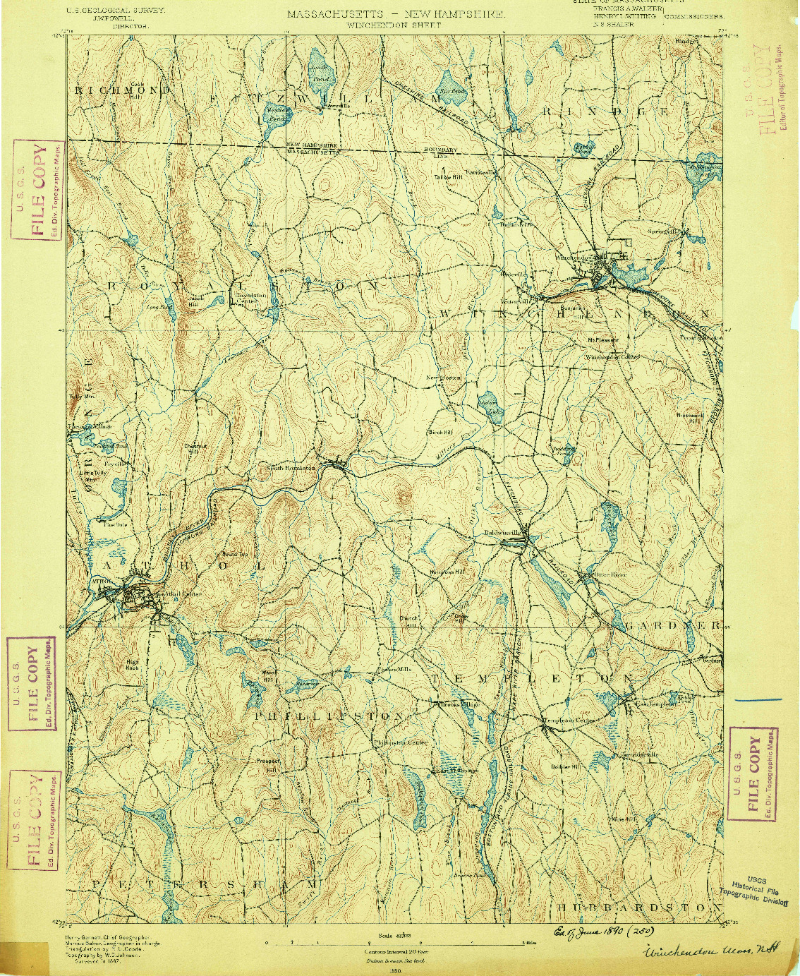 USGS 1:62500-SCALE QUADRANGLE FOR WINCHENDON, MA 1890