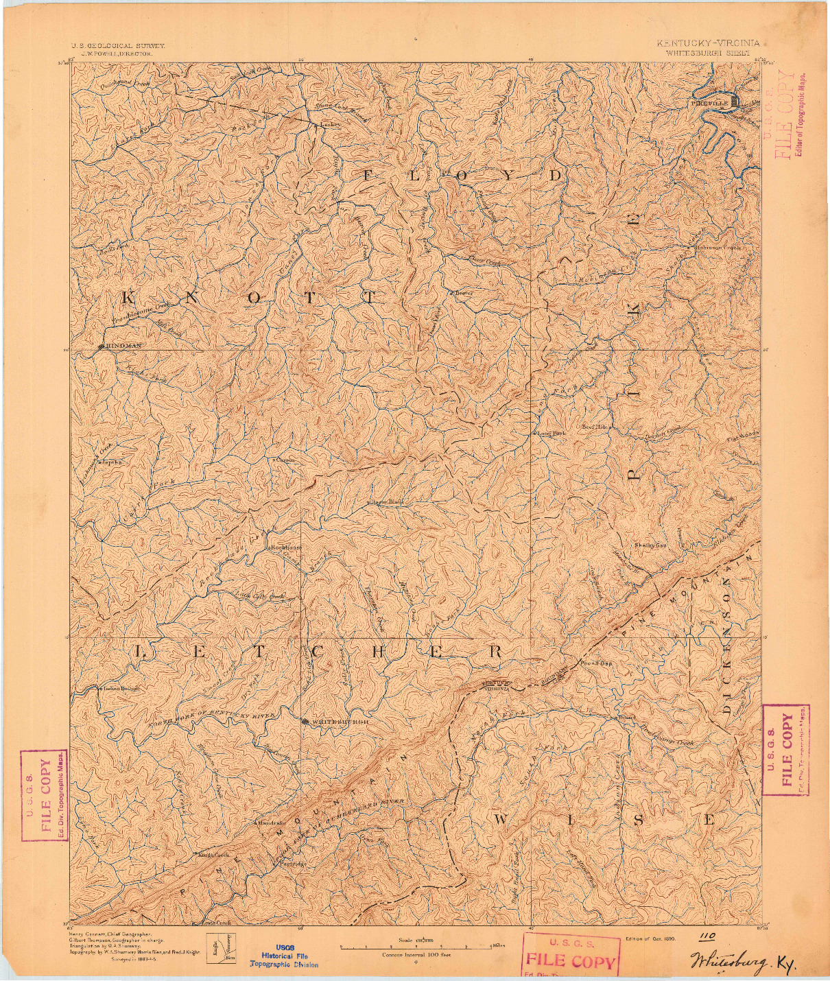 USGS 1:125000-SCALE QUADRANGLE FOR WHITESBURG, KY 1890