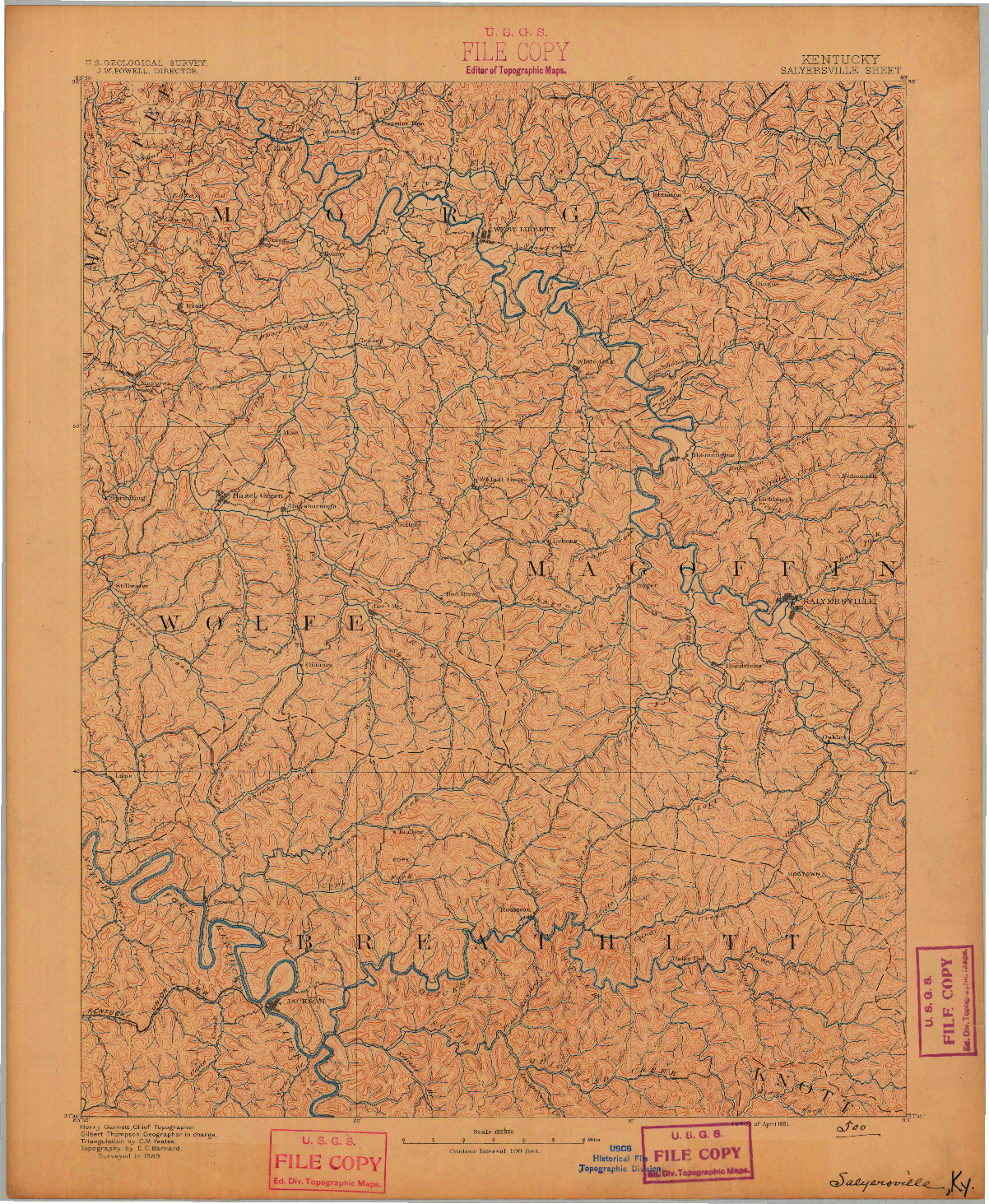 USGS 1:125000-SCALE QUADRANGLE FOR SALYERSVILLE, KY 1891
