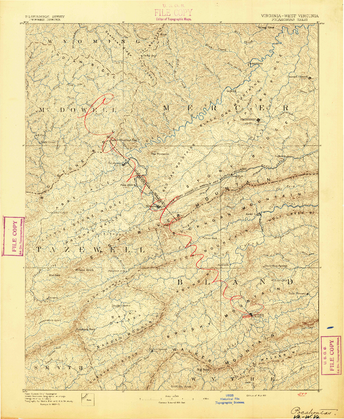 USGS 1:125000-SCALE QUADRANGLE FOR POCAHONTAS, VA 1891