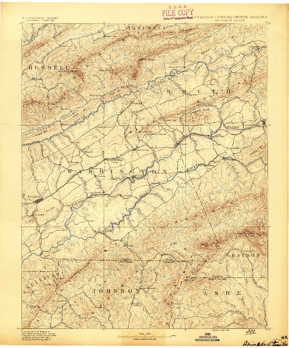 USGS 1:125000-SCALE QUADRANGLE FOR ABINGDON, TN 1891