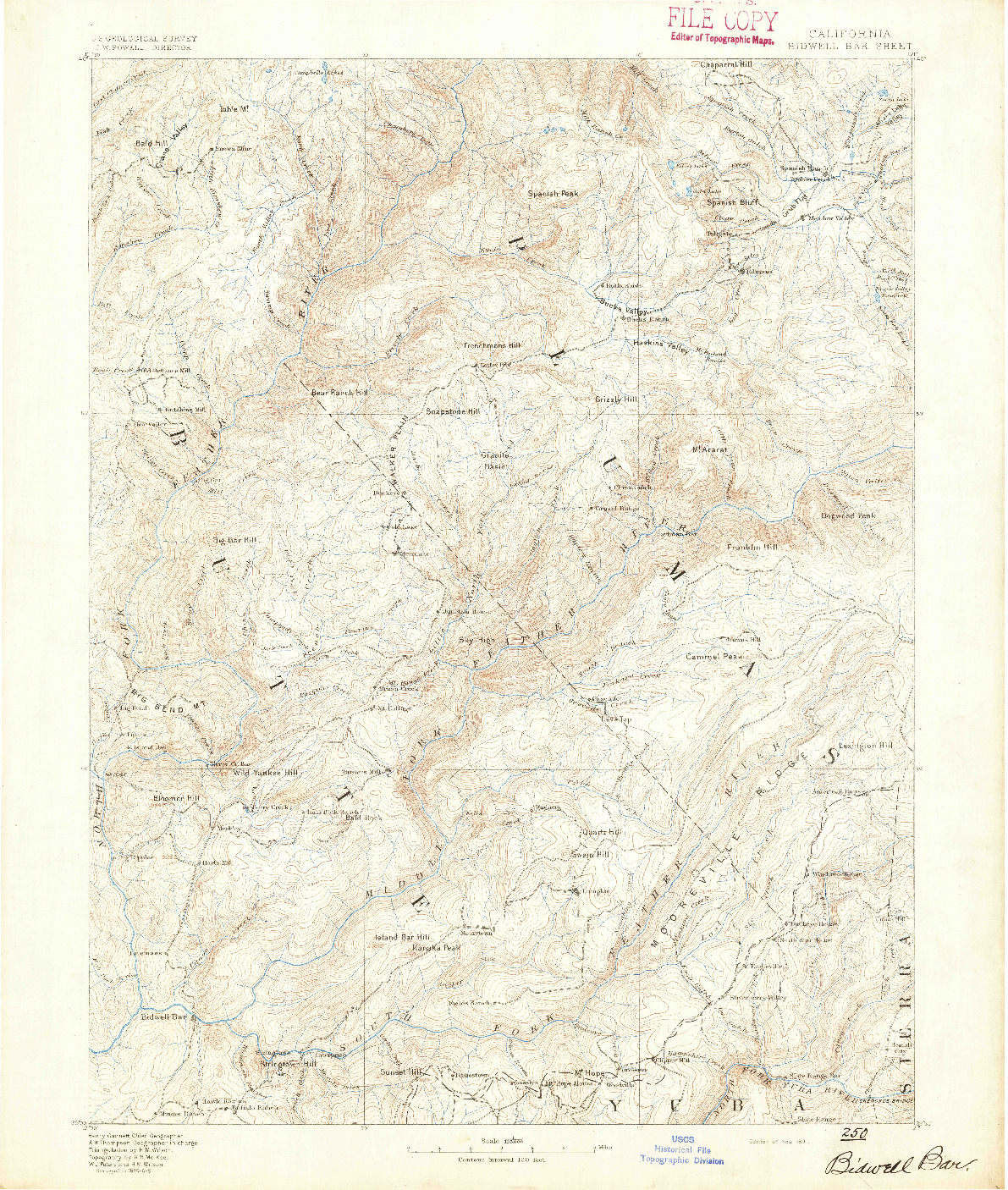 USGS 1:125000-SCALE QUADRANGLE FOR BIDWELL BAR, CA 1891