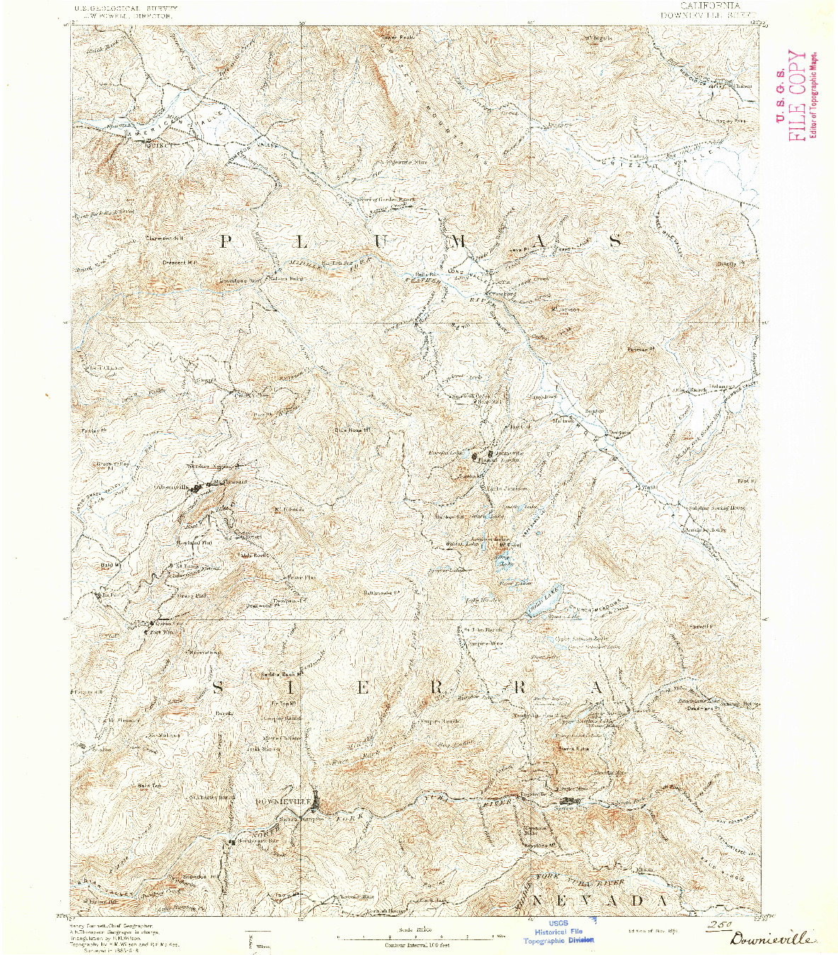 USGS 1:125000-SCALE QUADRANGLE FOR DOWNIEVILLE, CA 1891