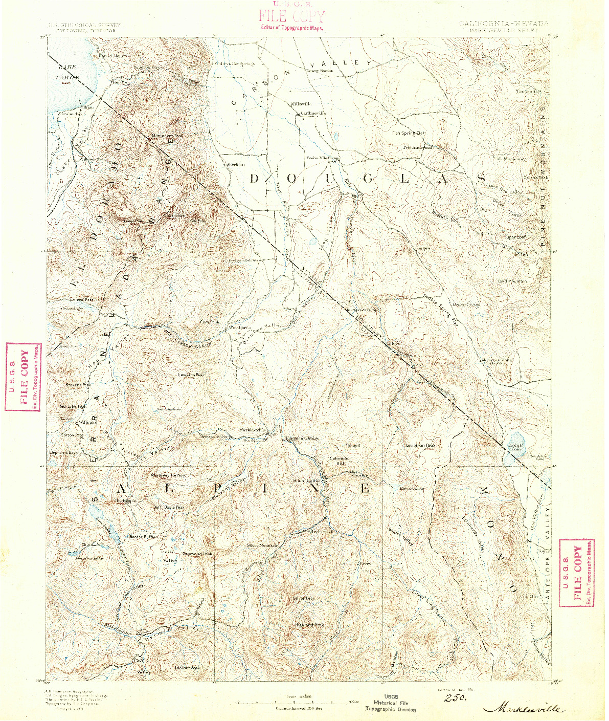 USGS 1:125000-SCALE QUADRANGLE FOR MARKLEEVILLE, CA 1891