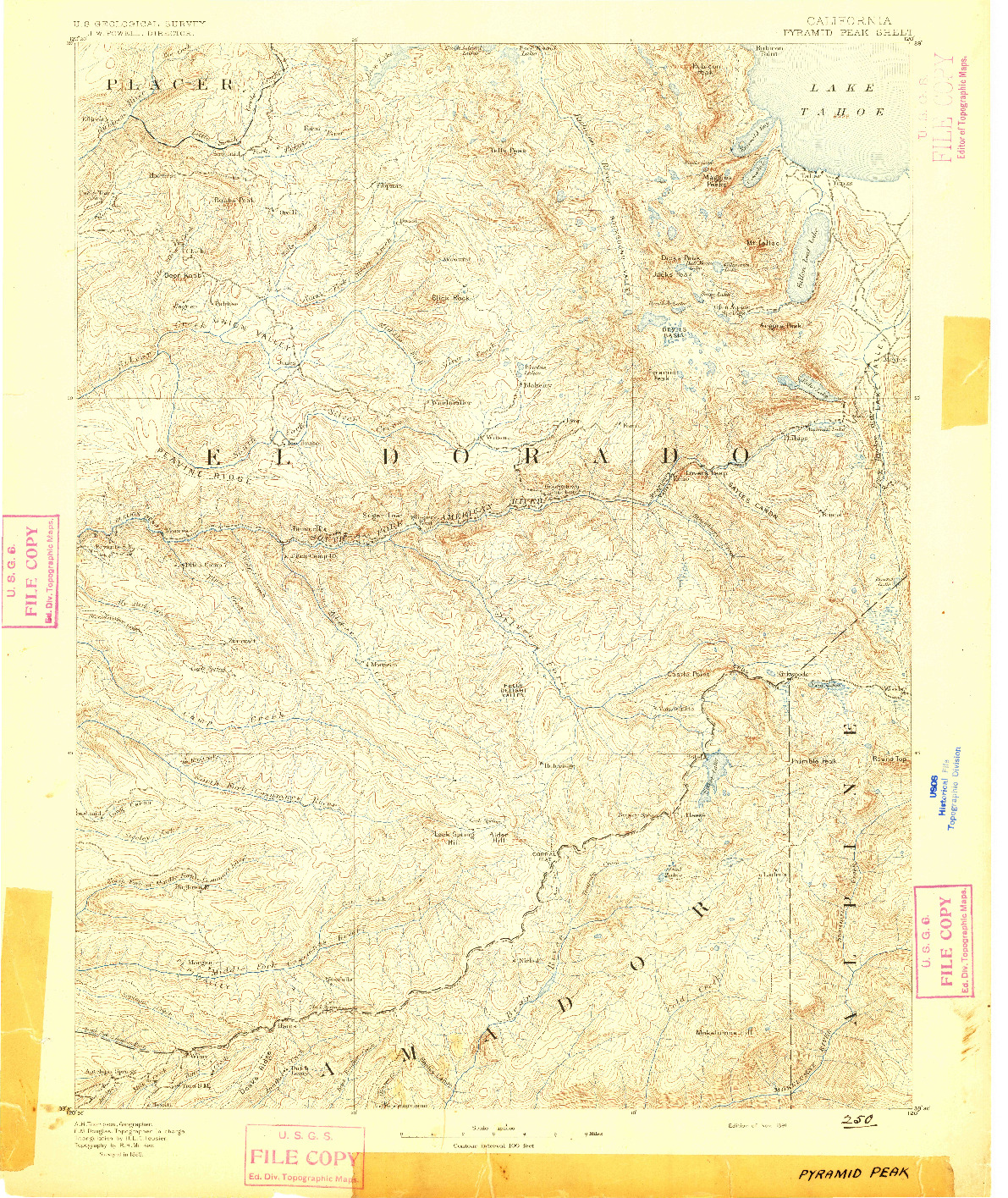 USGS 1:125000-SCALE QUADRANGLE FOR PYRAMID PEAK, CA 1891