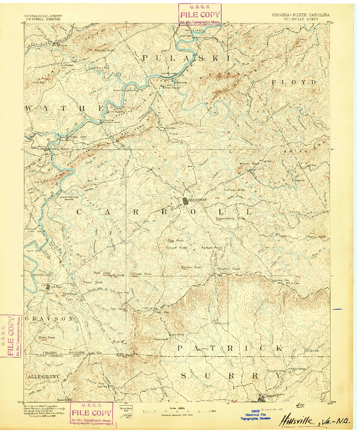 USGS 1:125000-SCALE QUADRANGLE FOR HILLSVILLE, VA 1892