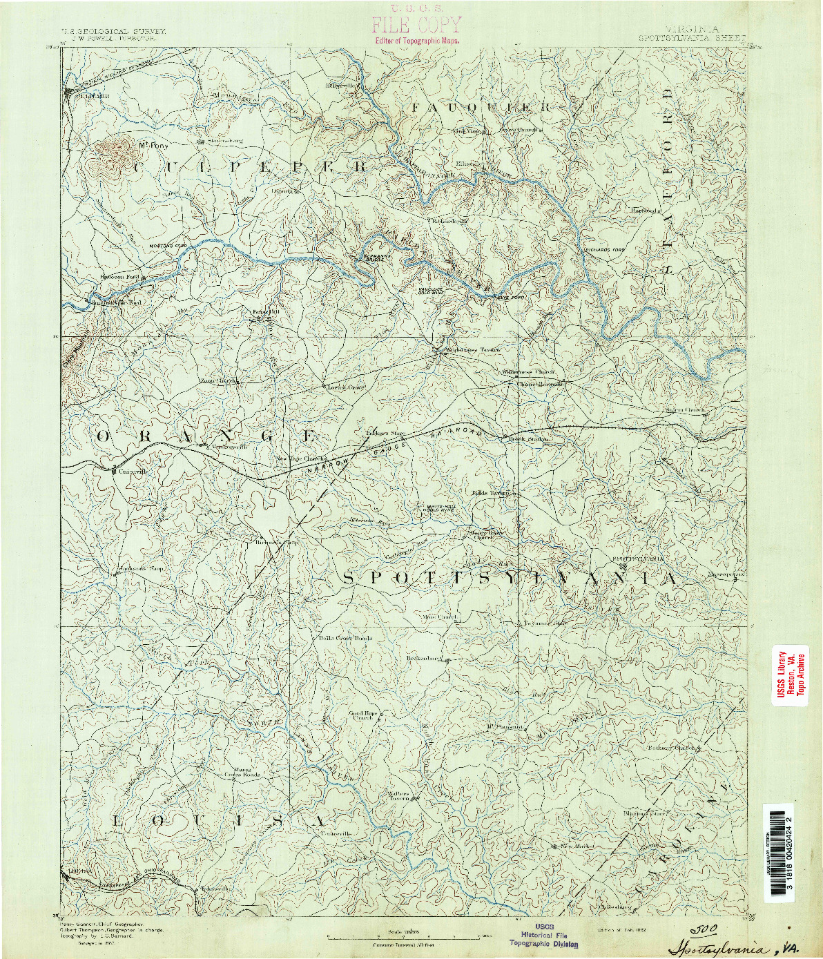 USGS 1:125000-SCALE QUADRANGLE FOR SPOTTSYLVANIA, VA 1892