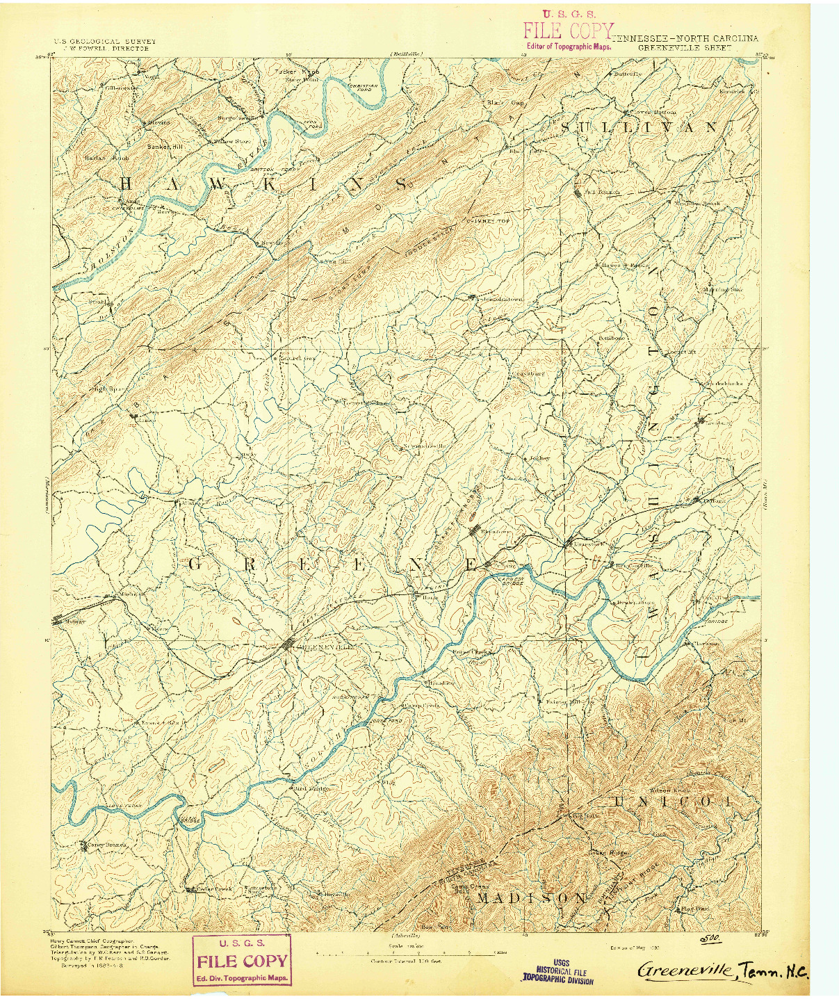 USGS 1:125000-SCALE QUADRANGLE FOR GREENEVILLE, TN 1892