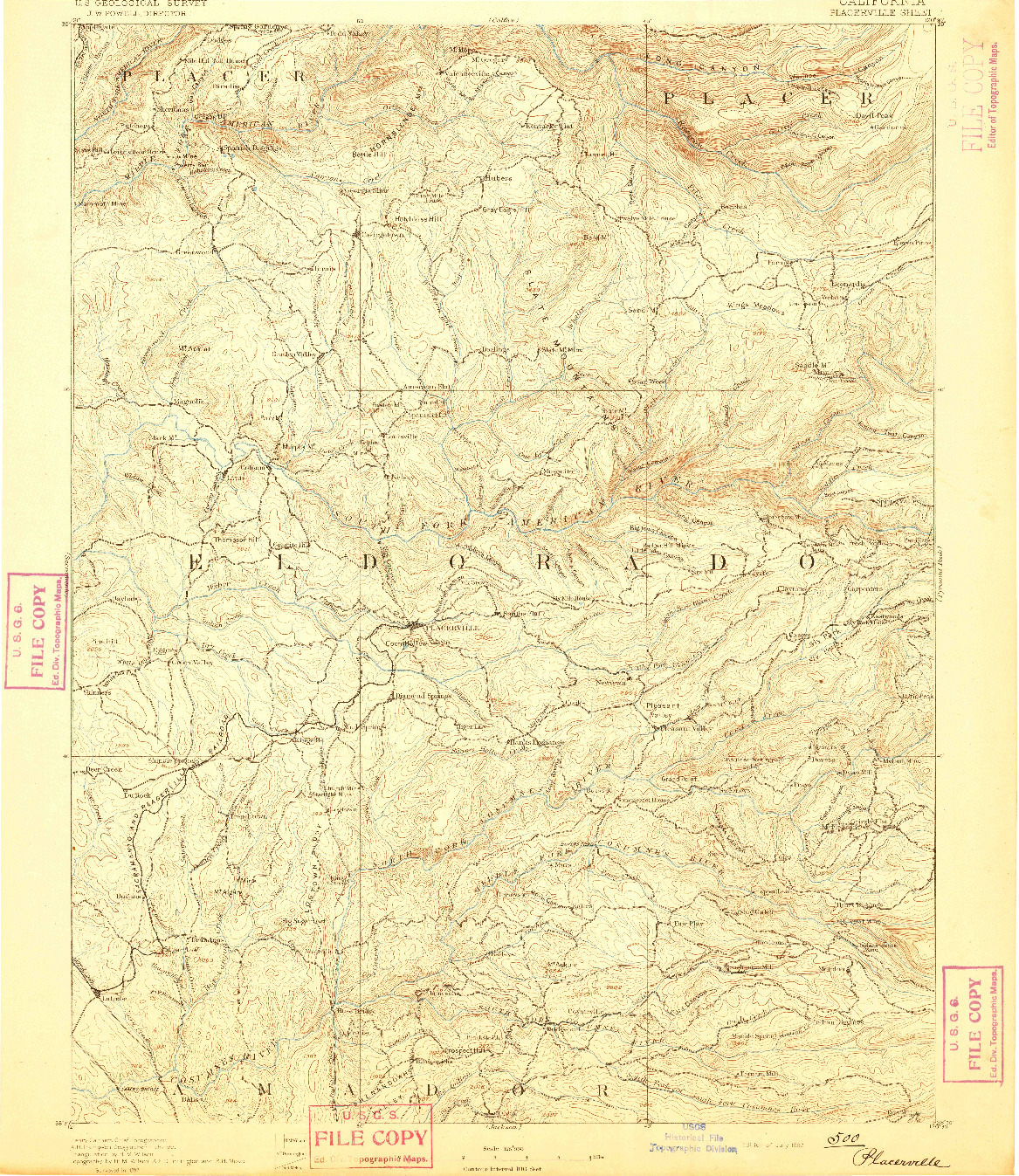 USGS 1:125000-SCALE QUADRANGLE FOR PLACERVILLE, CA 1892