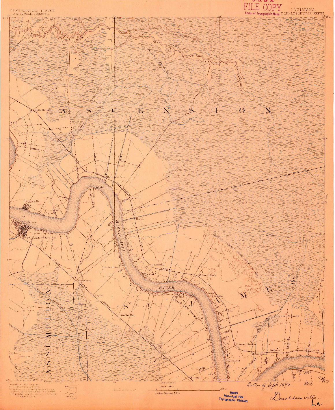 USGS 1:62500-SCALE QUADRANGLE FOR DONALDSONVILLE, LA 1892