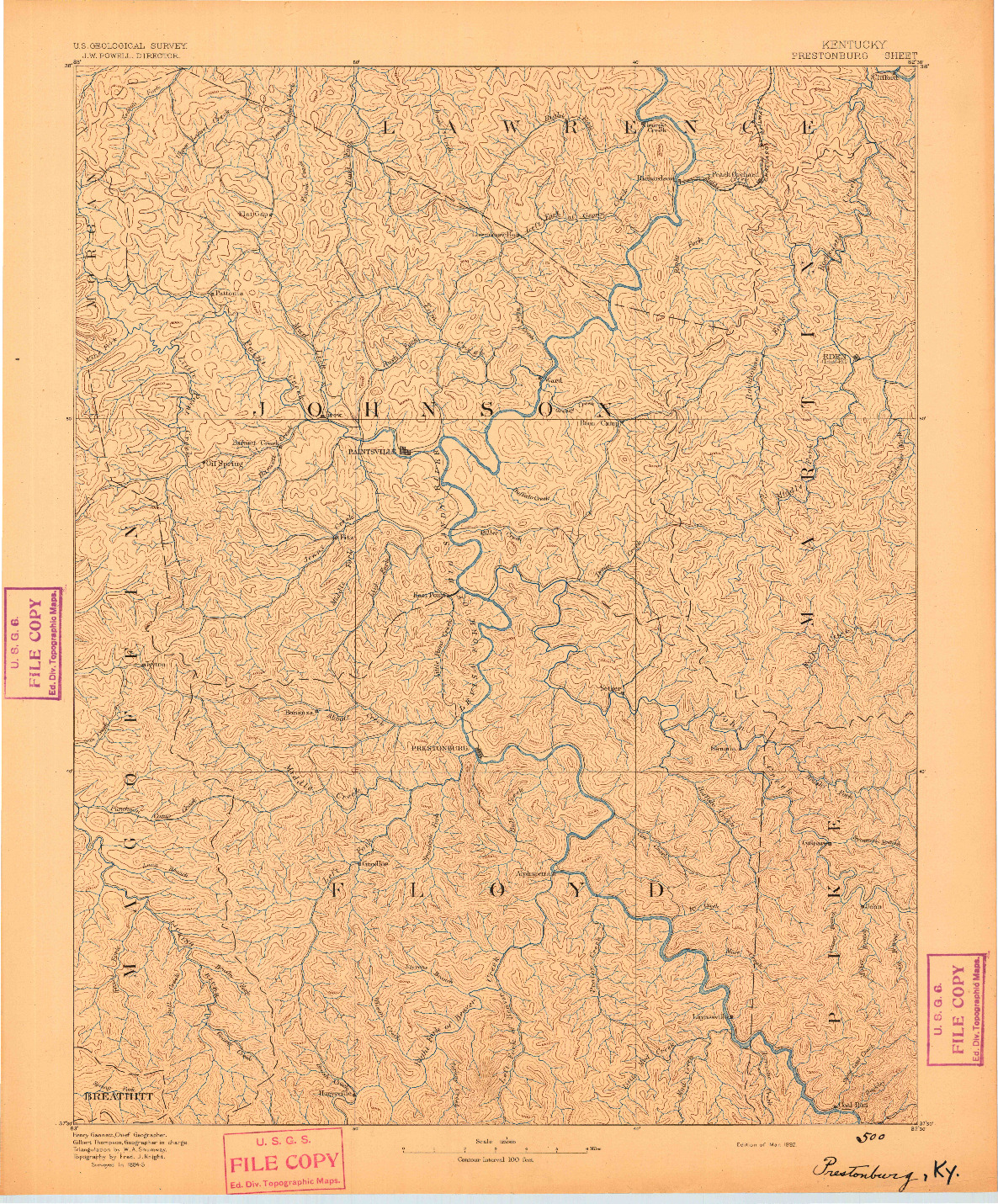 USGS 1:125000-SCALE QUADRANGLE FOR PRESTONSBURG, KY 1892