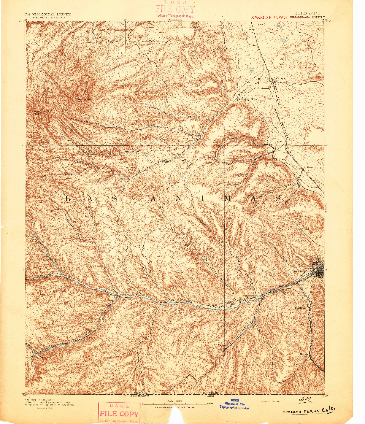 USGS 1:125000-SCALE QUADRANGLE FOR SPANISH PEAKS, CO 1893