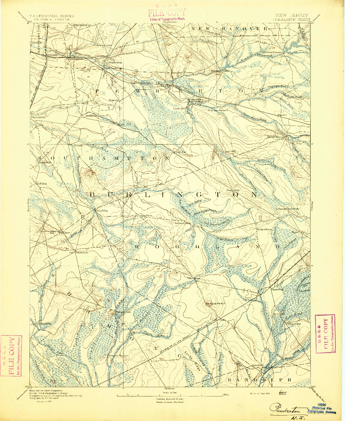 USGS 1:62500-SCALE QUADRANGLE FOR PEMBERTON, NJ 1894