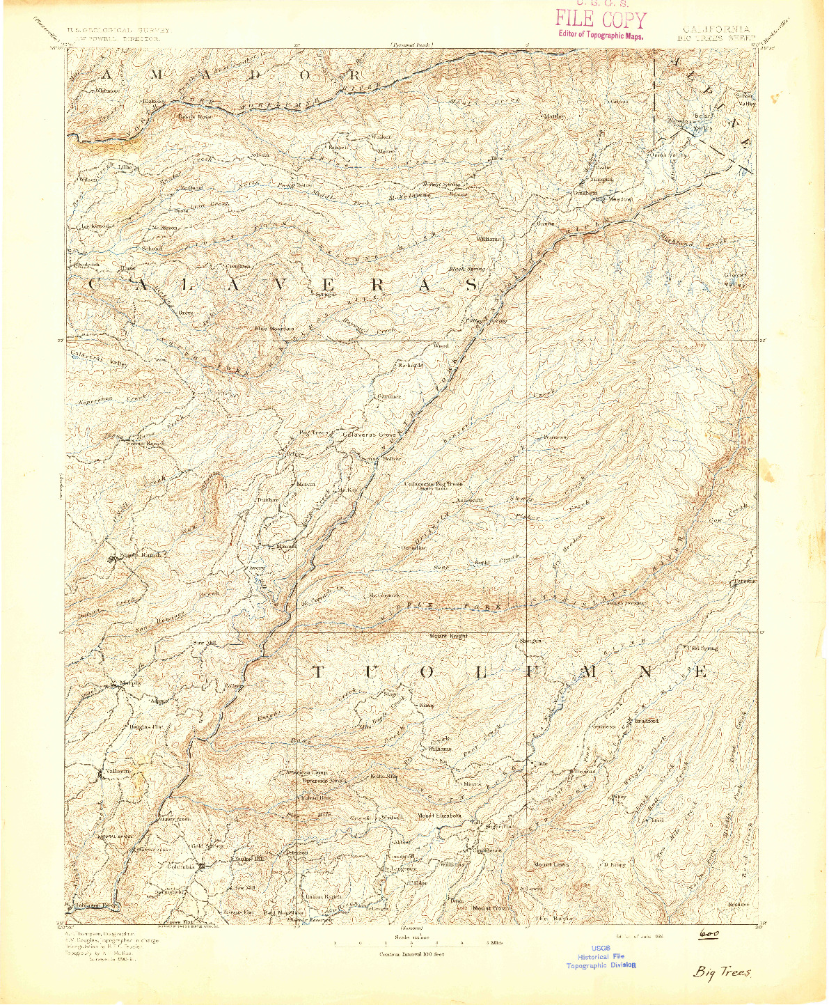 USGS 1:125000-SCALE QUADRANGLE FOR BIG TREES, CA 1894