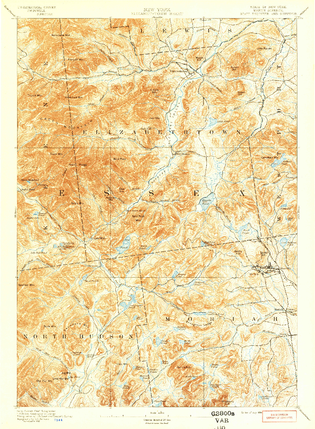 USGS 1:62500-SCALE QUADRANGLE FOR ELIZABETHTOWN, NY 1894