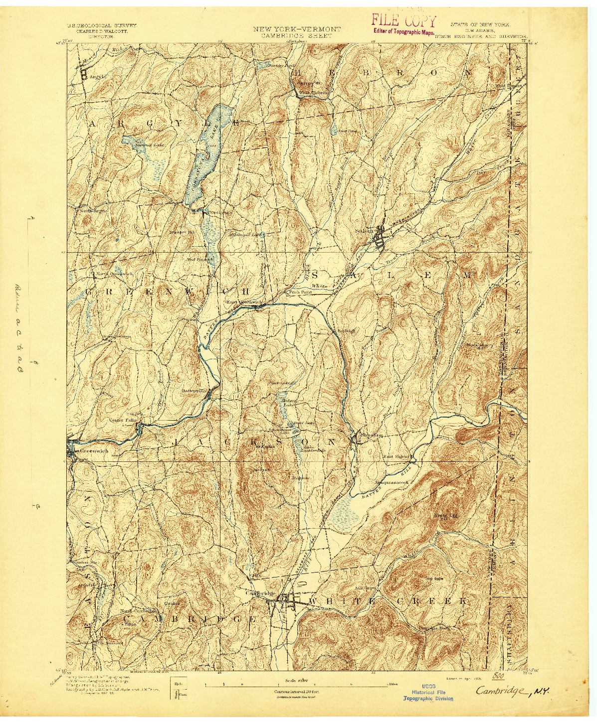USGS 1:62500-SCALE QUADRANGLE FOR CAMBRIDGE, NY 1895