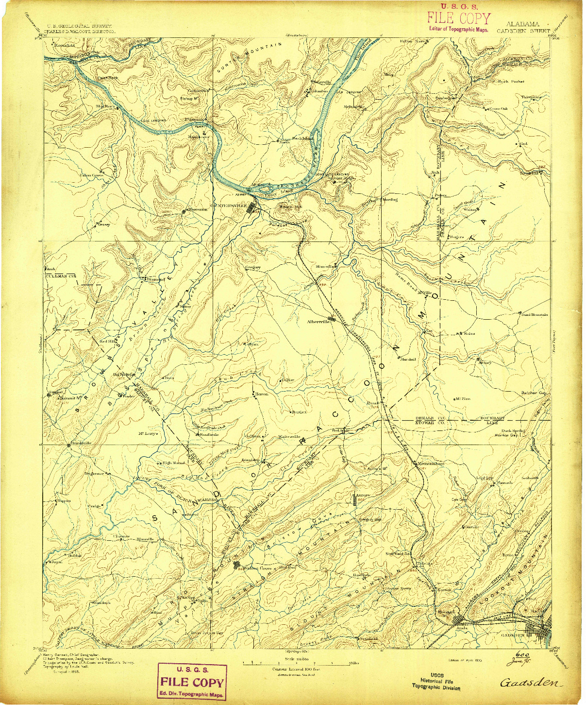 USGS 1:125000-SCALE QUADRANGLE FOR GADSDEN, AL 1895
