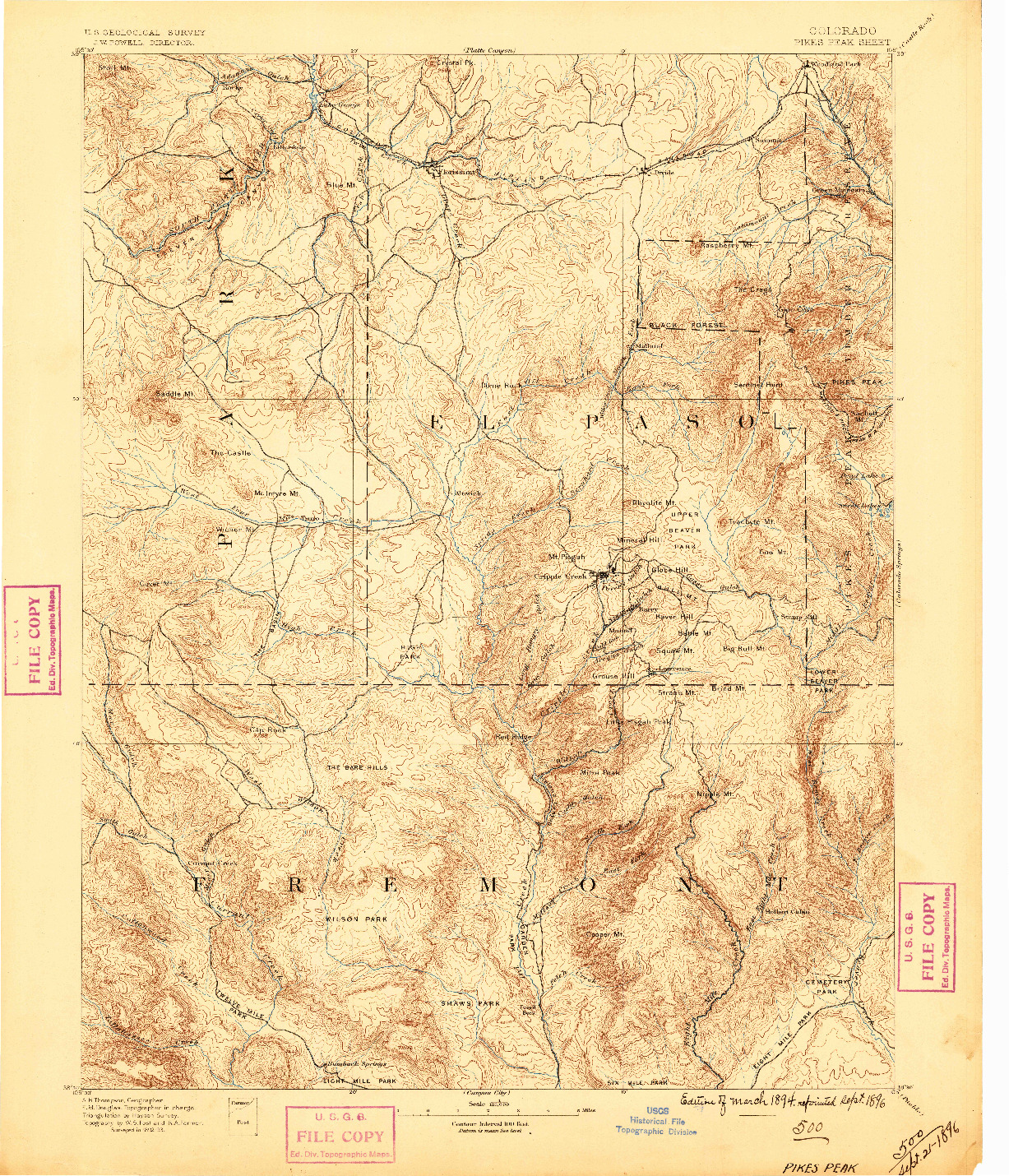 USGS 1:125000-SCALE QUADRANGLE FOR PIKES PEAK, CO 1894