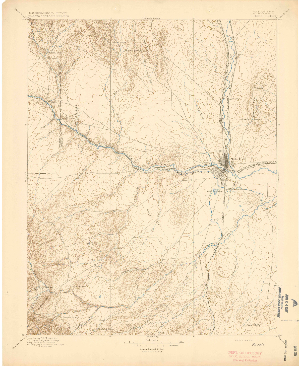 USGS 1:125000-SCALE QUADRANGLE FOR PUEBLO, CO 1896