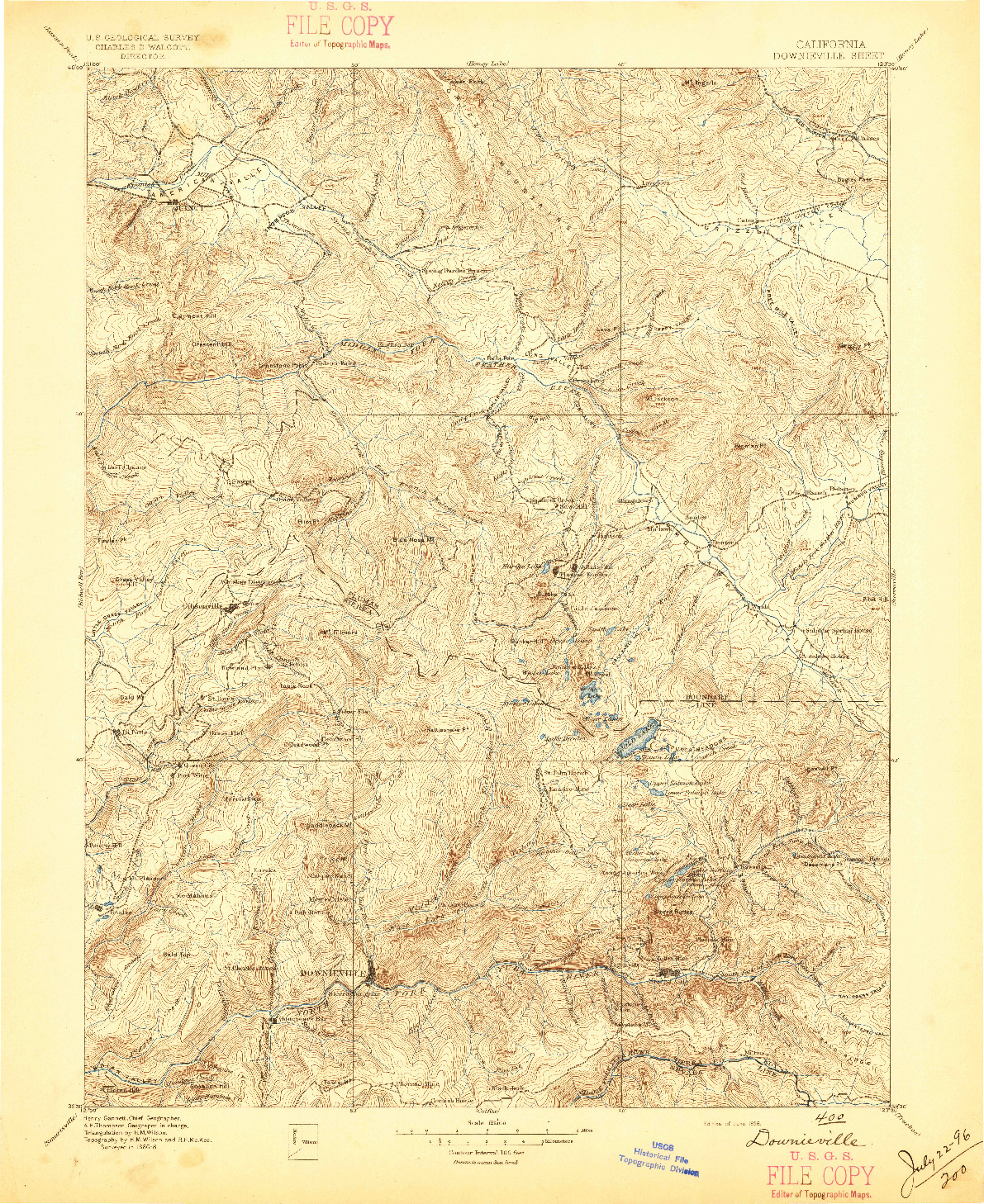 USGS 1:125000-SCALE QUADRANGLE FOR DOWNIEVILLE, CA 1896