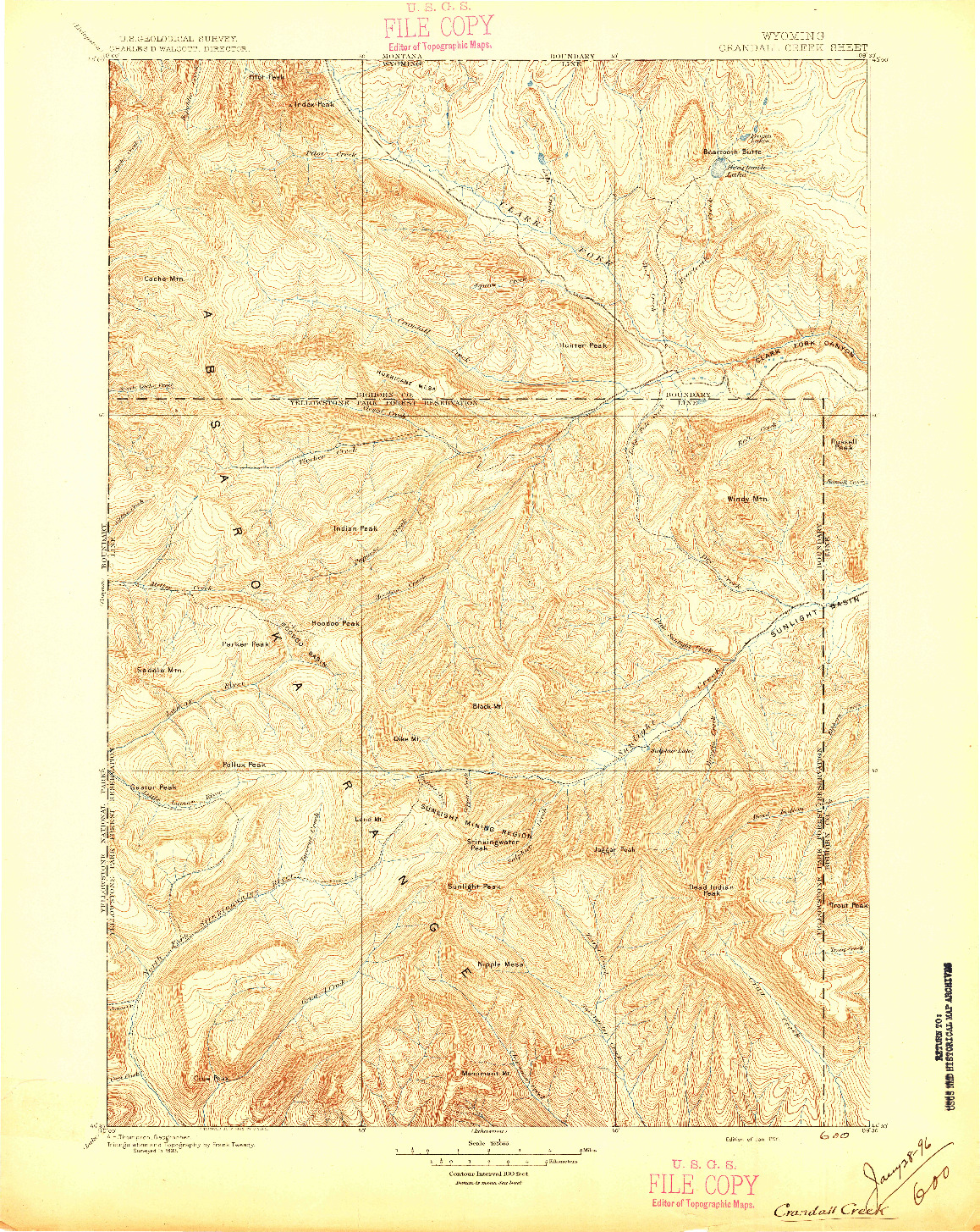 USGS 1:125000-SCALE QUADRANGLE FOR CRANDALL CREEK, WY 1896