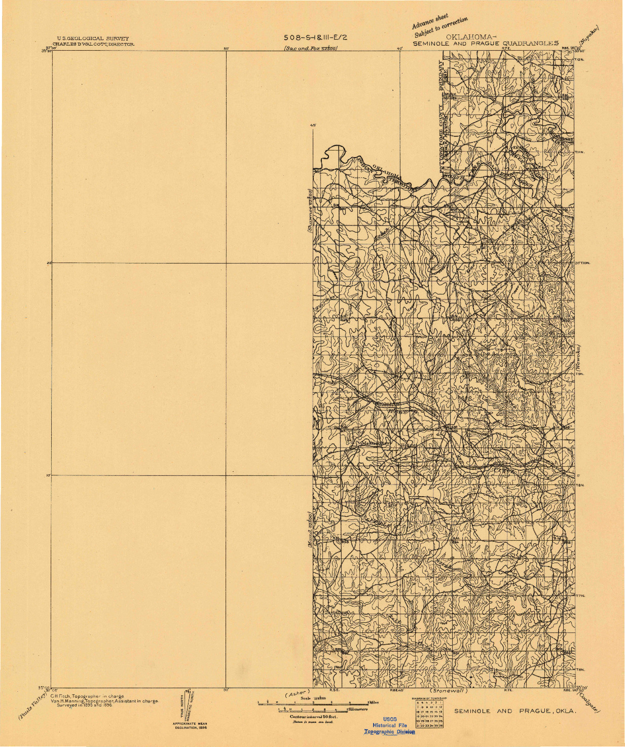 USGS 1:125000-SCALE QUADRANGLE FOR SEMINOLE AND PRAGUE, OK 1896