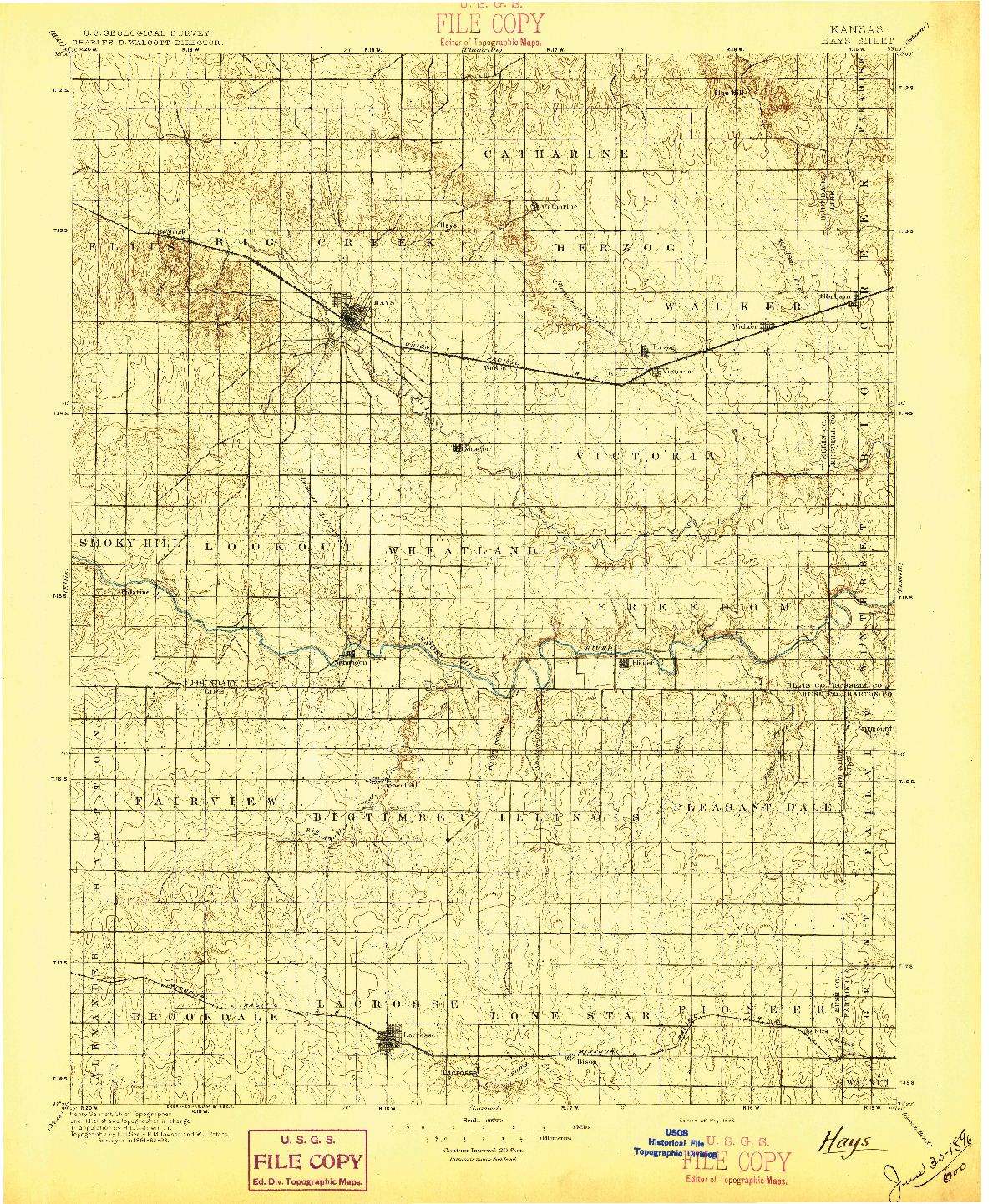 USGS 1:125000-SCALE QUADRANGLE FOR HAYS, KS 1896