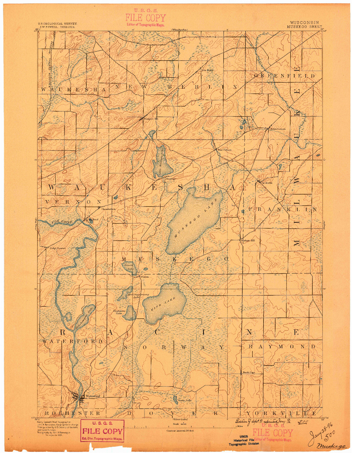 USGS 1:62500-SCALE QUADRANGLE FOR MUSKEGO, WI 1891