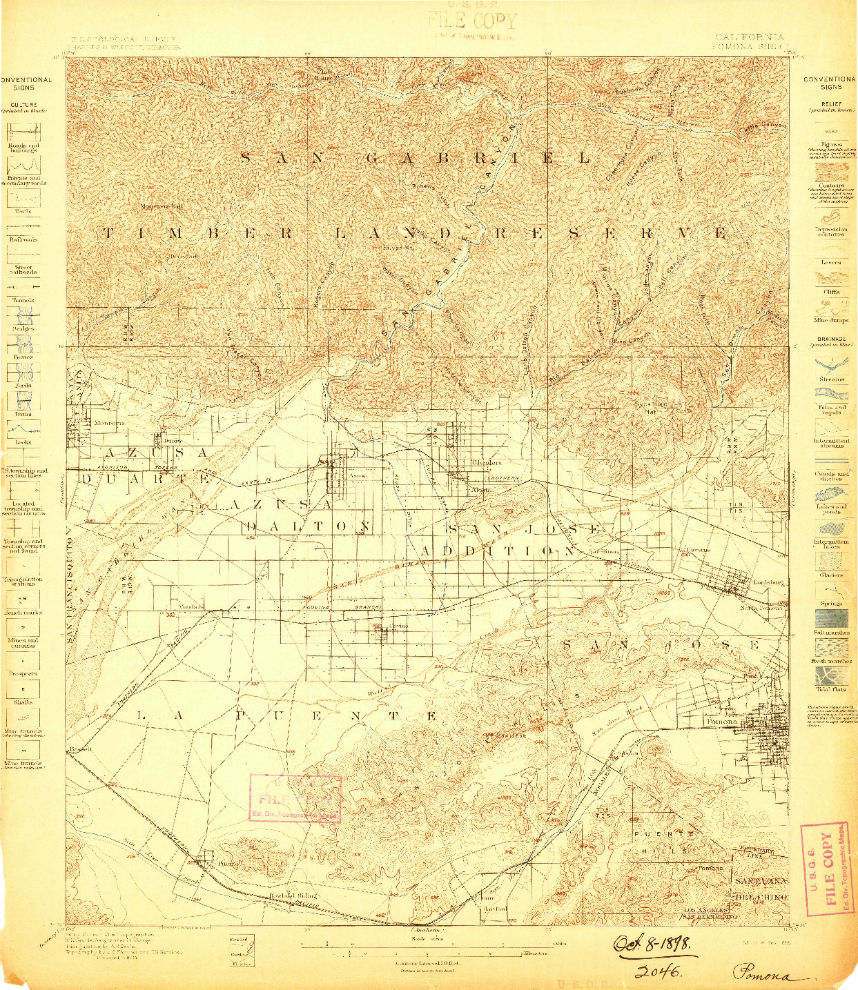 USGS 1:62500-SCALE QUADRANGLE FOR POMONA, CA 1898