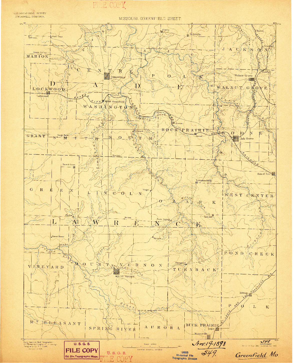 USGS 1:125000-SCALE QUADRANGLE FOR GREENFIELD, MO 1888