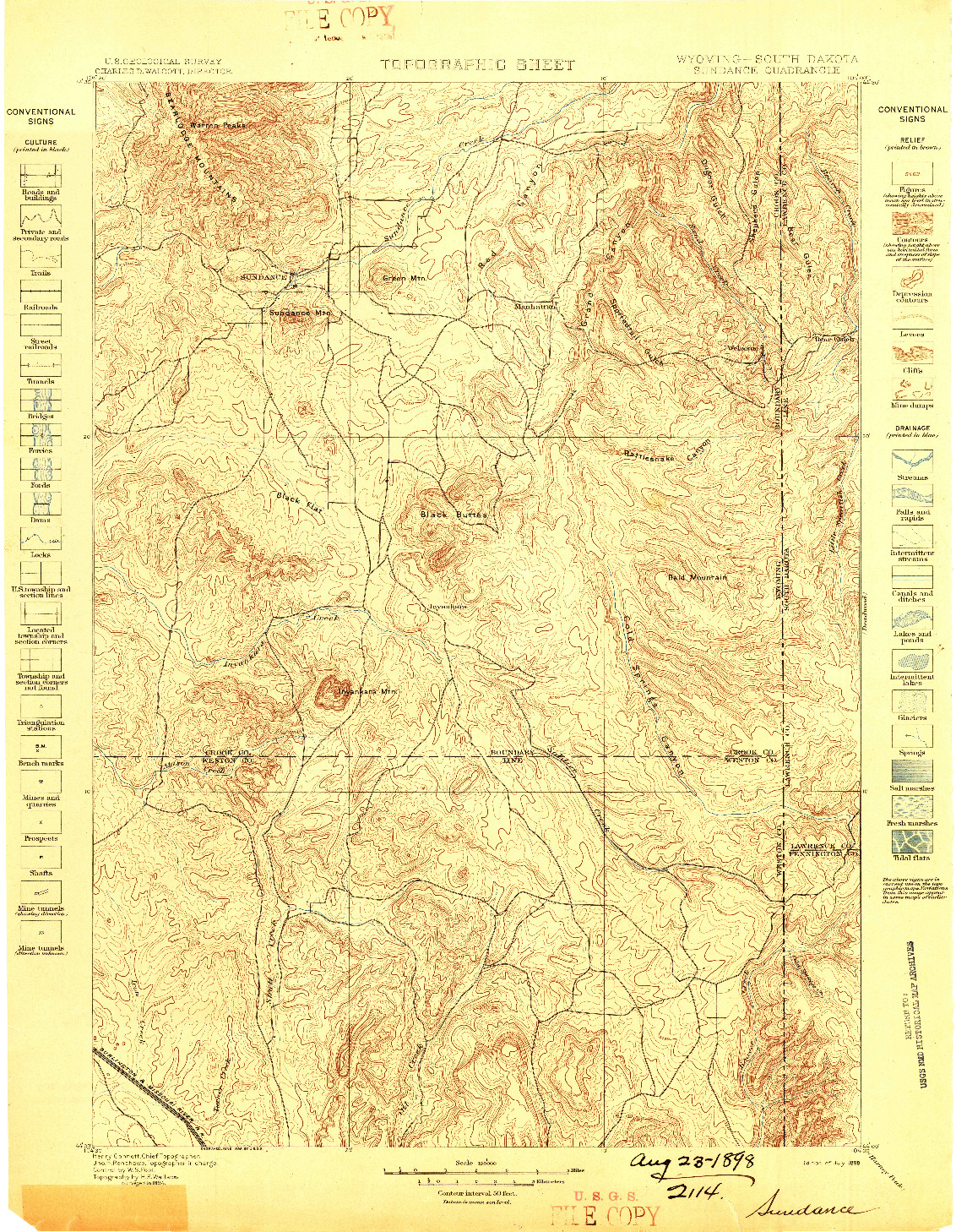 USGS 1:125000-SCALE QUADRANGLE FOR SUNDANCE, WY 1898